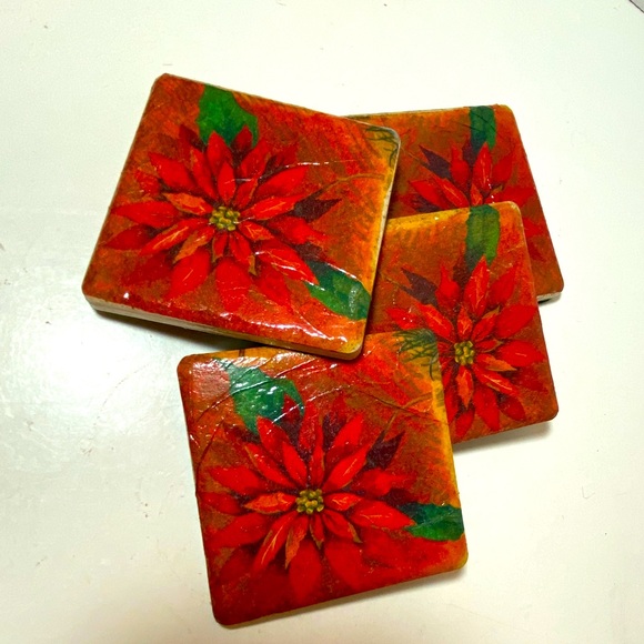 Set of 4 Christmas Poinsettia coasters Felt Backed, Red Green 4” Square - Picture 1 of 5